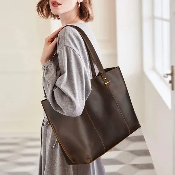 Vintage Full Grain Leather Tote Bag for Women Business Work Satchel